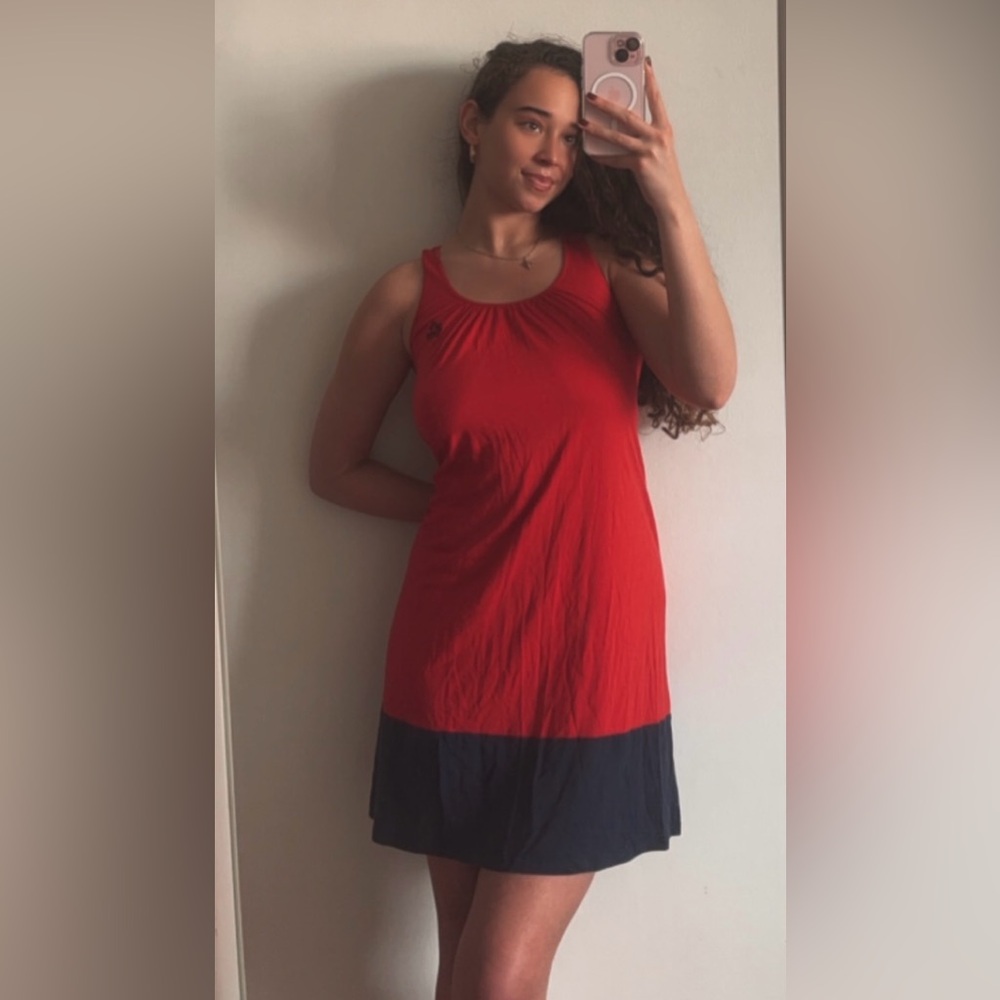 Lauren Ralph Lauren Red & Navy Color Block Cotton Embroidered Monogram Dress